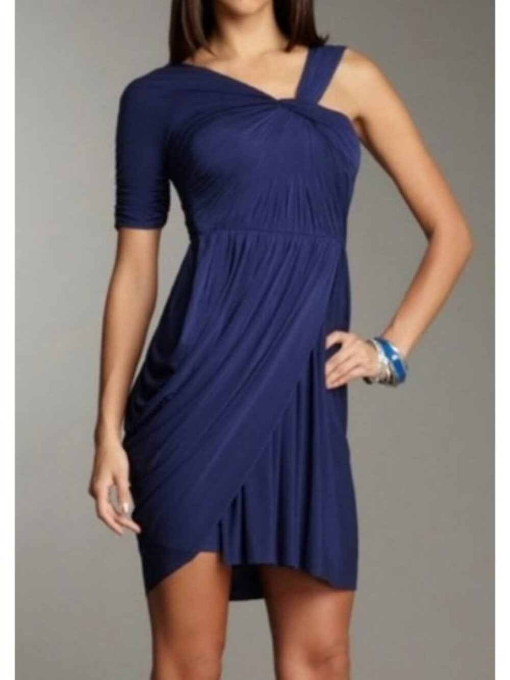 BCBGMaxAzria Blue Asymmetric Draped Cocktail Dress Small